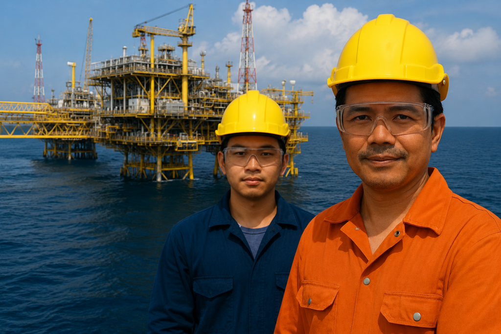 Oil and gas manpower personnel in safety gear at an offshore platform providing offshore and onshore manpower services in the Philippines.