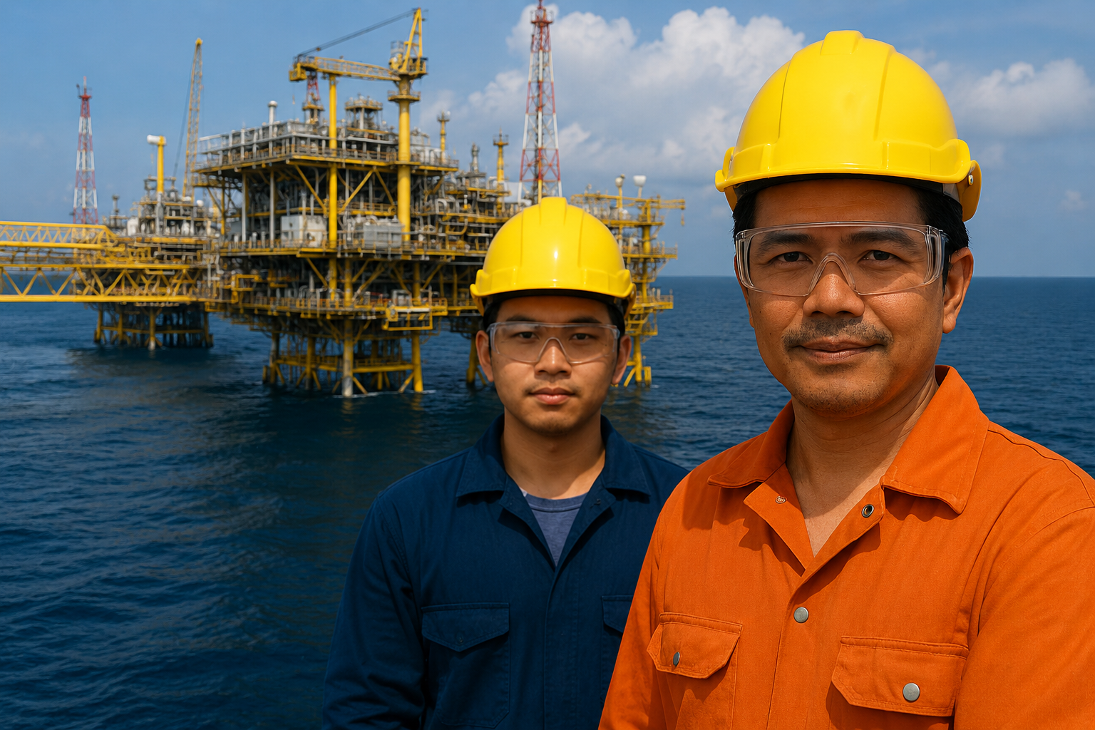 Oil and gas manpower personnel in safety gear at an offshore platform providing offshore and onshore manpower services in the Philippines.